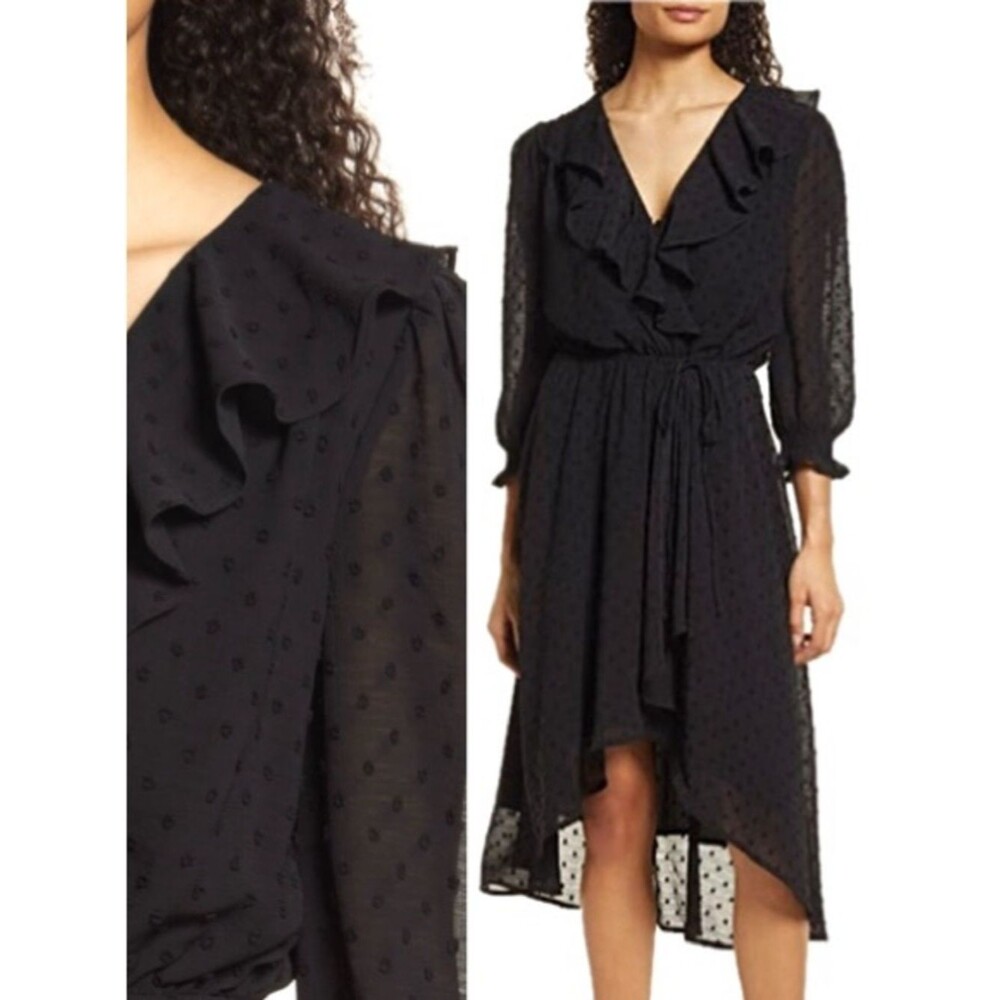 NWT Fraiche by J Swiss Dot Faux Wrap Midi Dress Size Large Black Sheer Ruffle